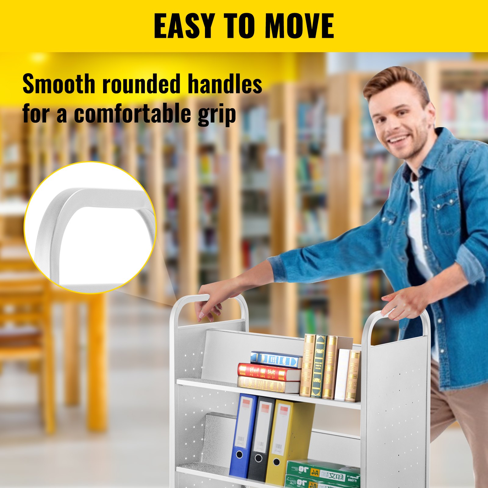 VEVOR book cart with smooth rounded handles for easy movement in a library setting.