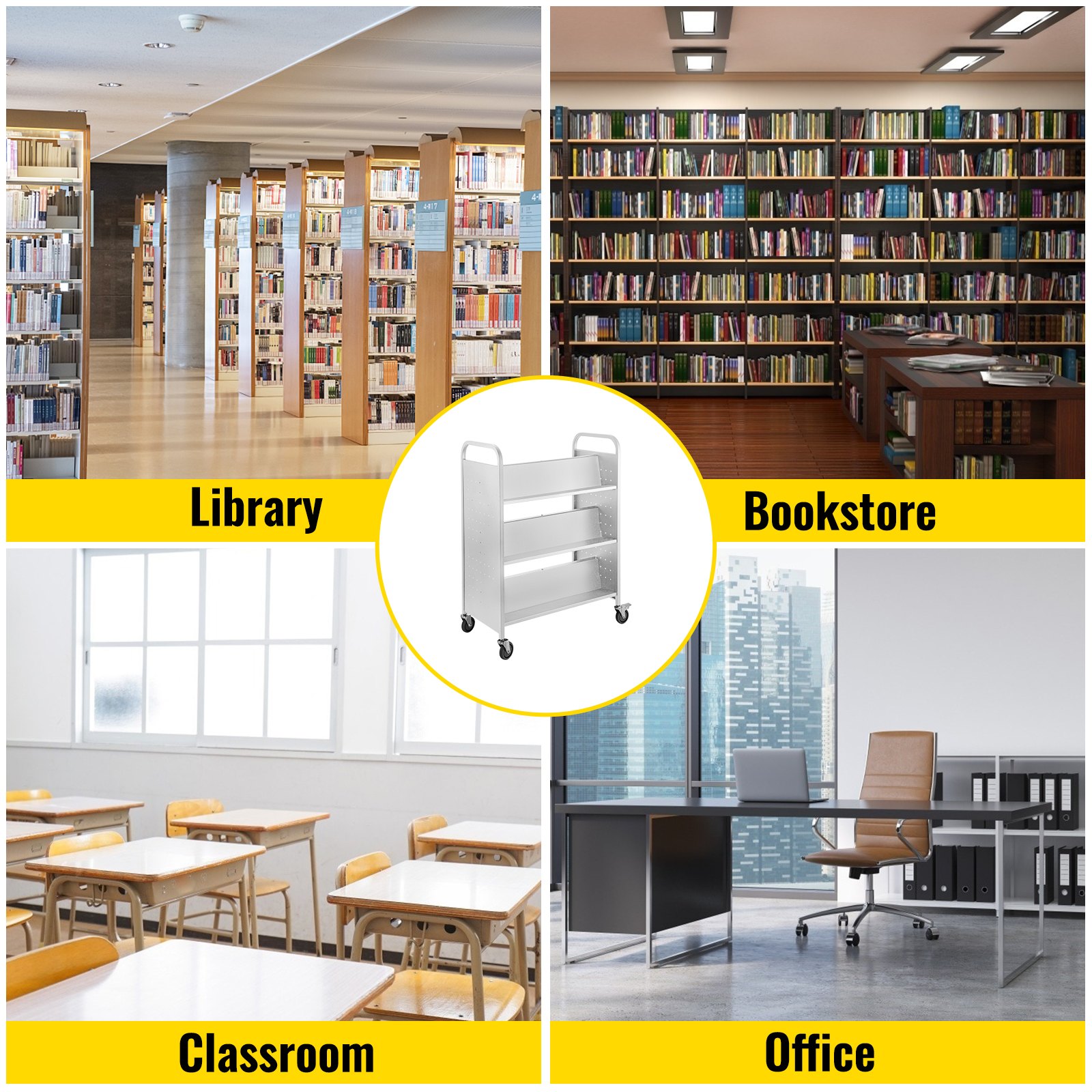 VEVOR book cart in library, bookstore, classroom, and office settings.