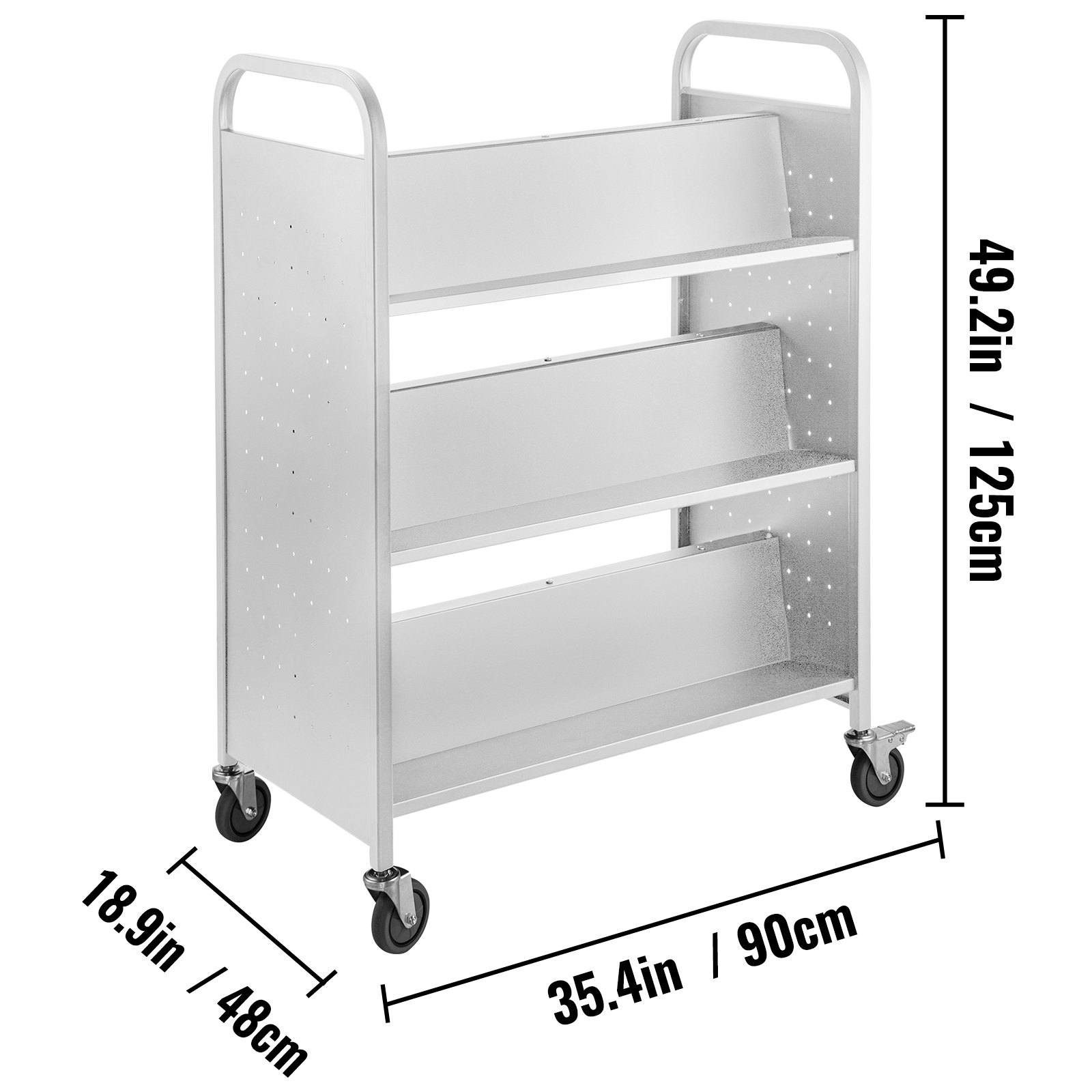 VEVOR book cart dimensions: 49.2in/125cm height, 35.4in/90cm width, 18.9in/48cm depth.