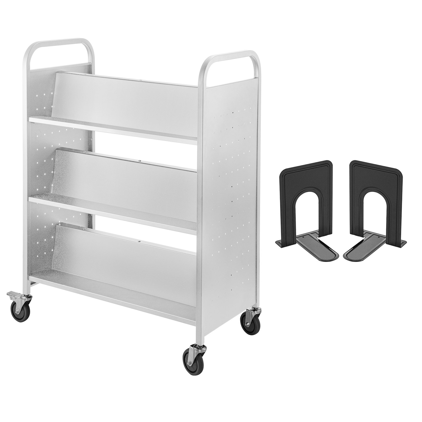 VEVOR book cart with three shelves and black bookends on wheels.