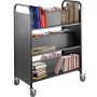 black VEVOR book cart with books and magazines on four wheels.