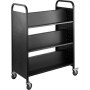 black VEVOR book cart with three slanted shelves and four swivel caster wheels.
