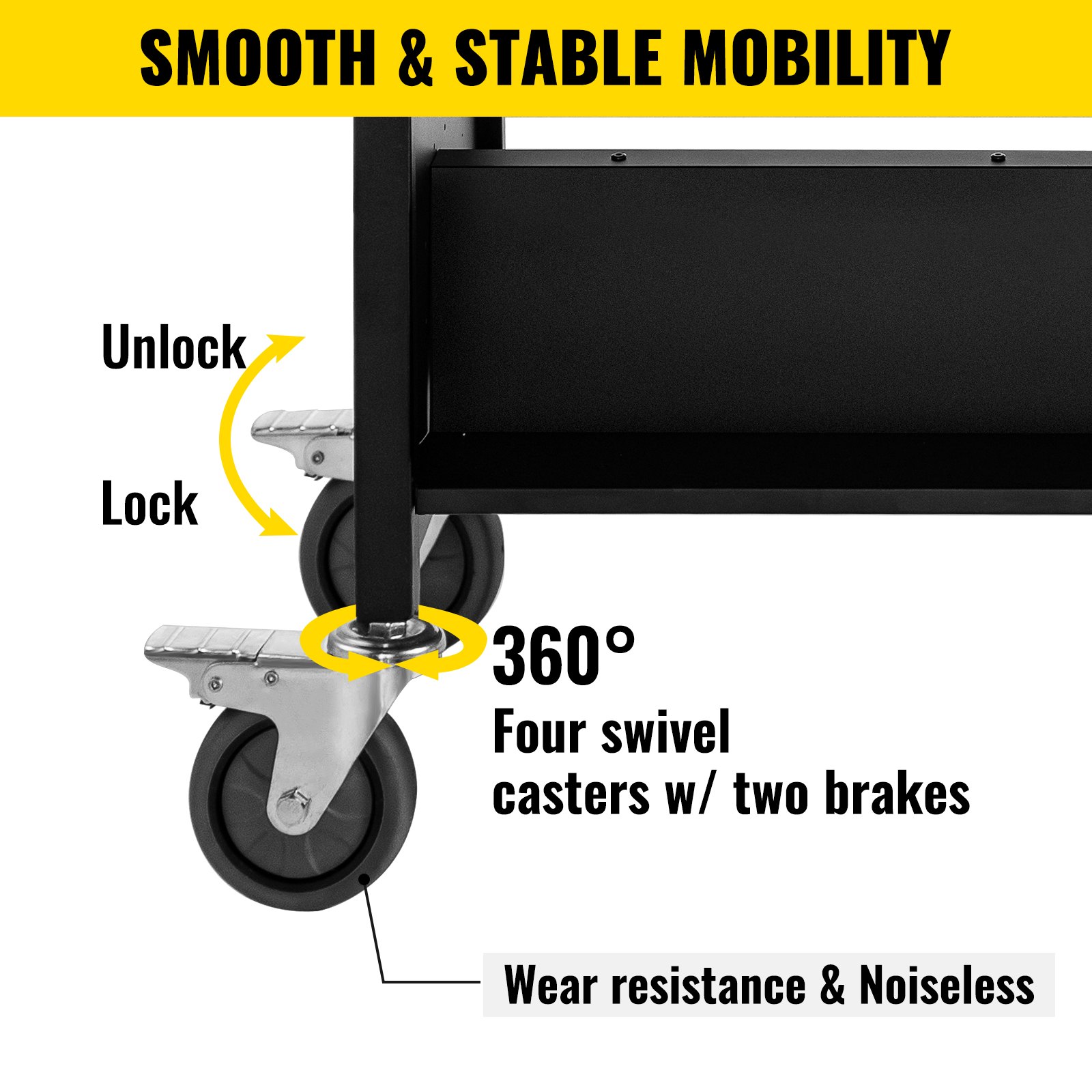 VEVOR book cart with 360° swivel casters, lock/unlock mechanism, and noise-free wheels.