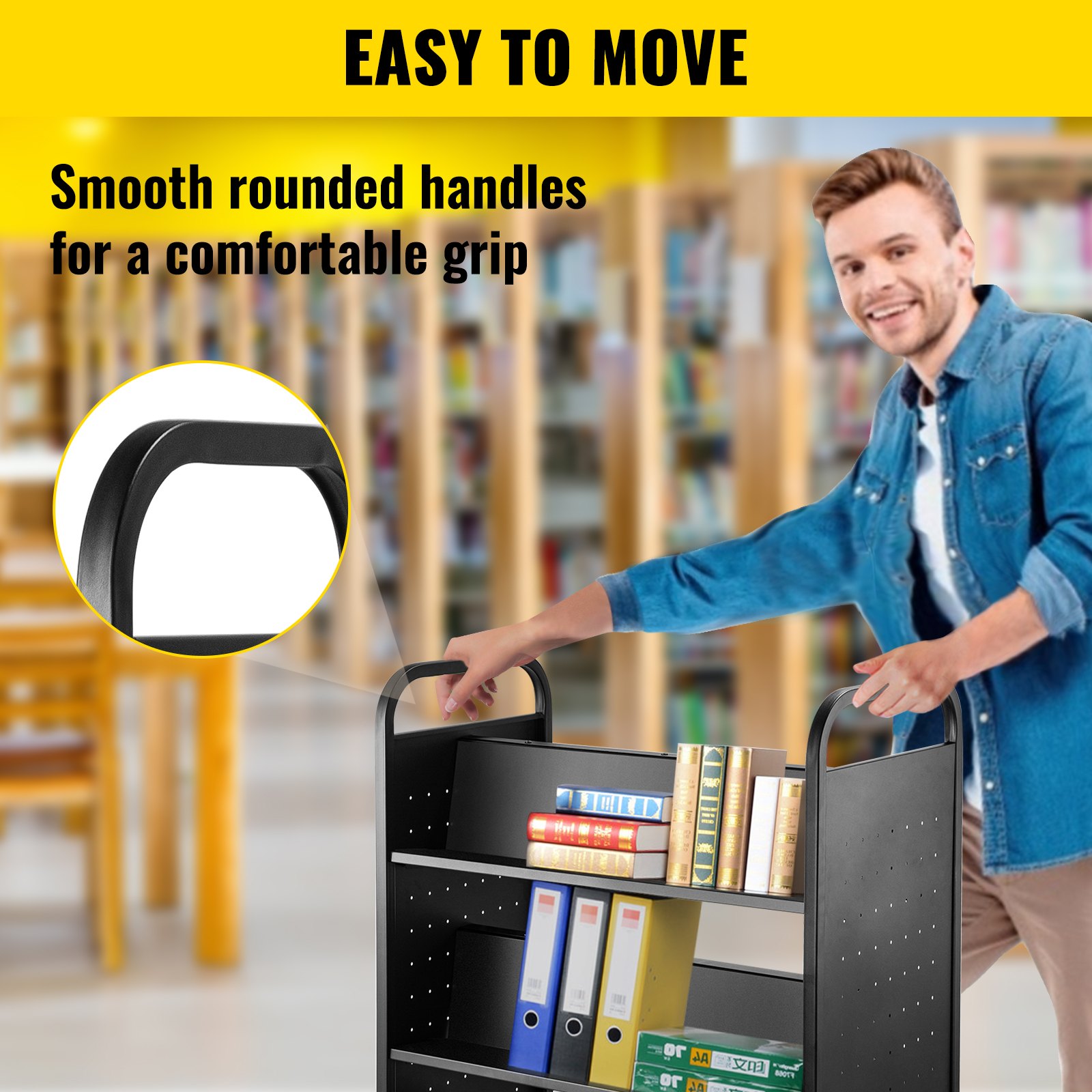 VEVOR book cart with smooth rounded handles for comfortable grip. easy to move.