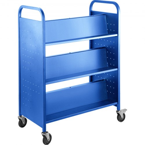VEVOR Book Cart, 200lbs Library Cart, 35x19x49 Inch Rolling Book Cart Double Sided W-Shaped Sloped Shelves with 4-Inch Lockable Wheels, for Home Shelves Office and School Book Truck in Blue