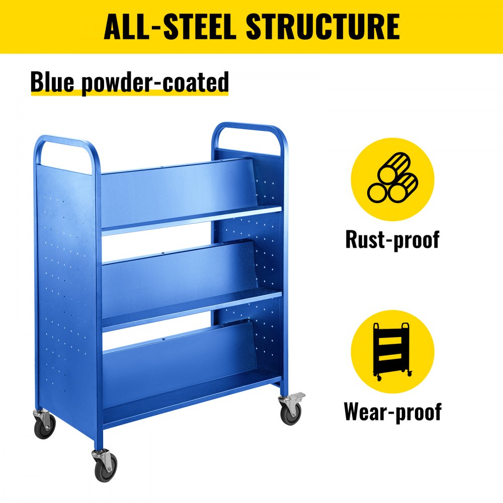 VEVOR Book Cart Library Cart 90kg with Double Sided W-Shaped Sloped Shelves Blue