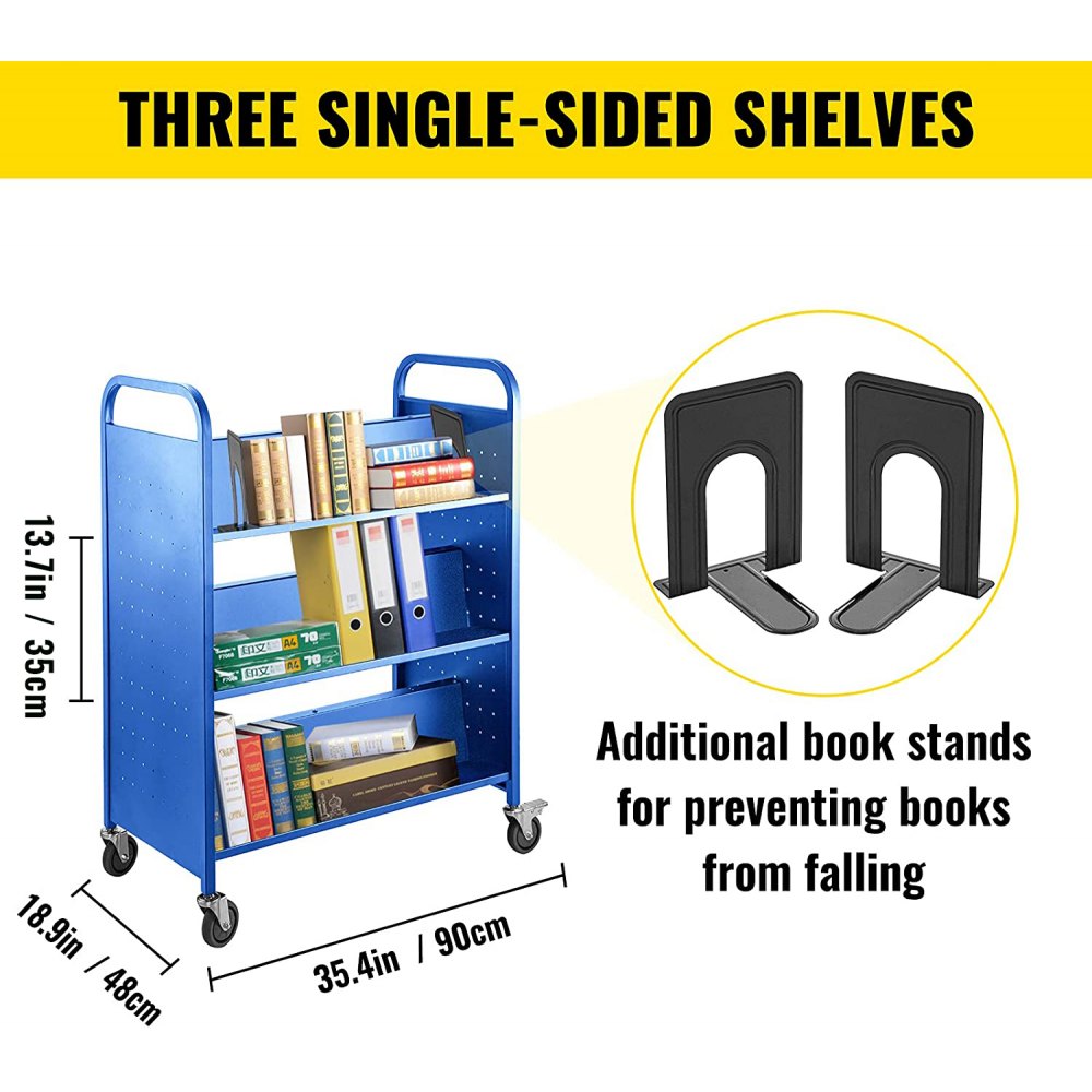 VEVOR Book Cart Library Cart 90kg with Double Sided W-Shaped Sloped Shelves Blue