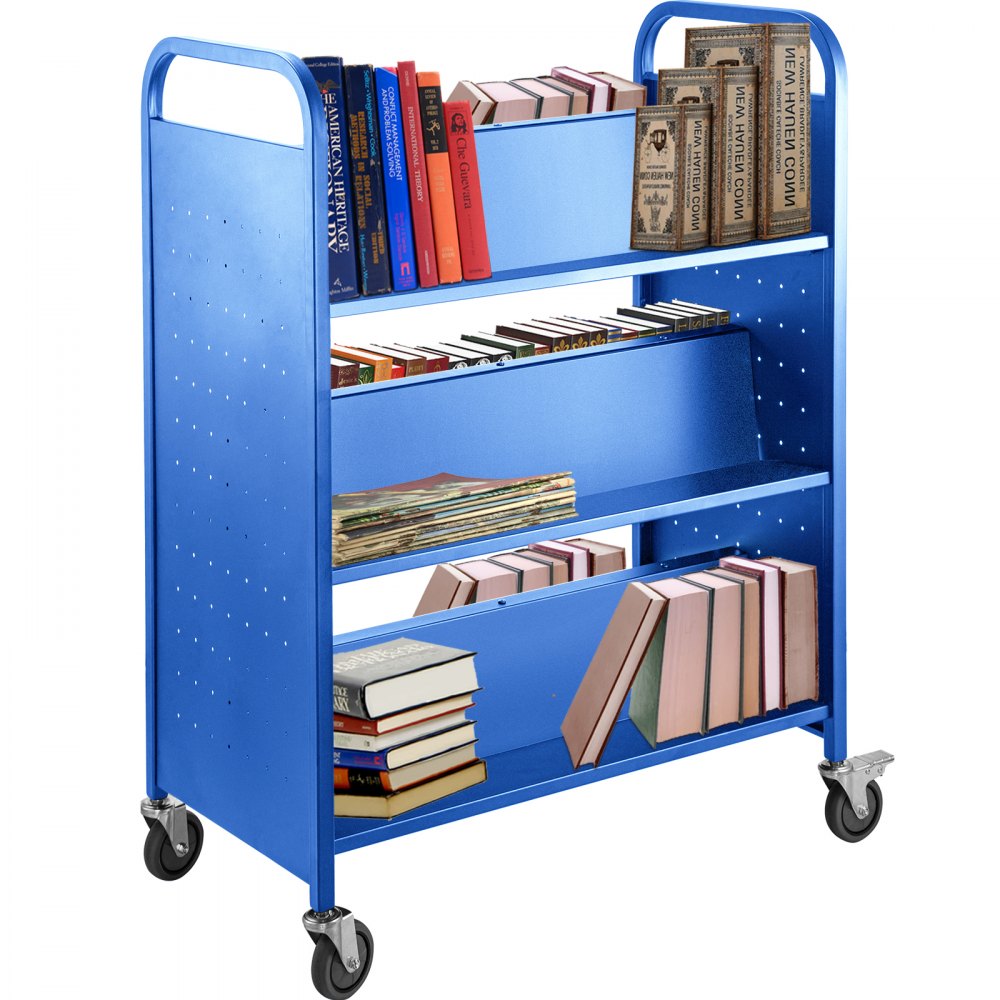 Carro para libros Carro para biblioteca de 200 lb con estantes inclinados en forma de W de doble cara en azul