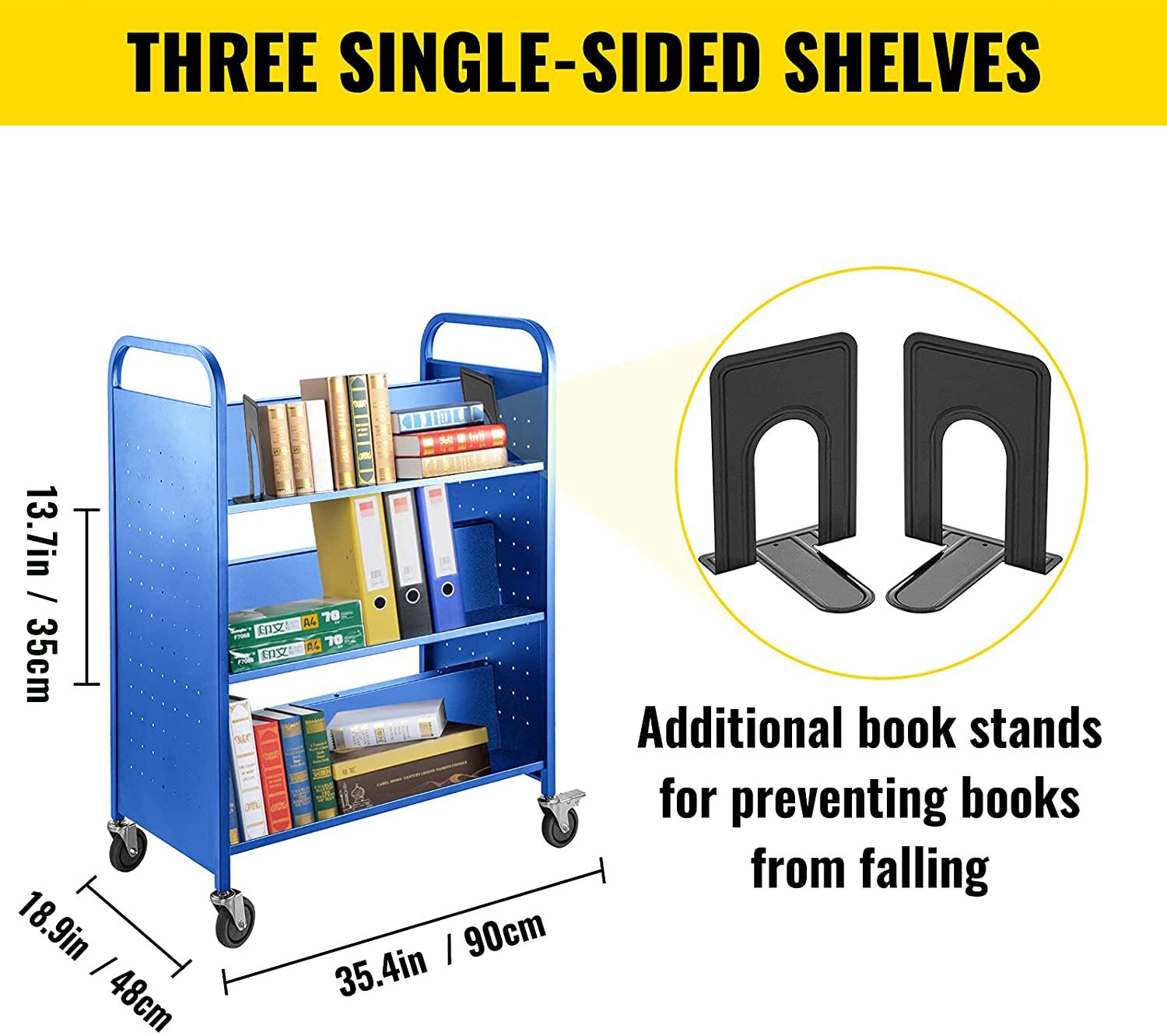 VEVOR Book Cart Library Cart 90kg with Double Sided W-Shaped Sloped Shelves Blue