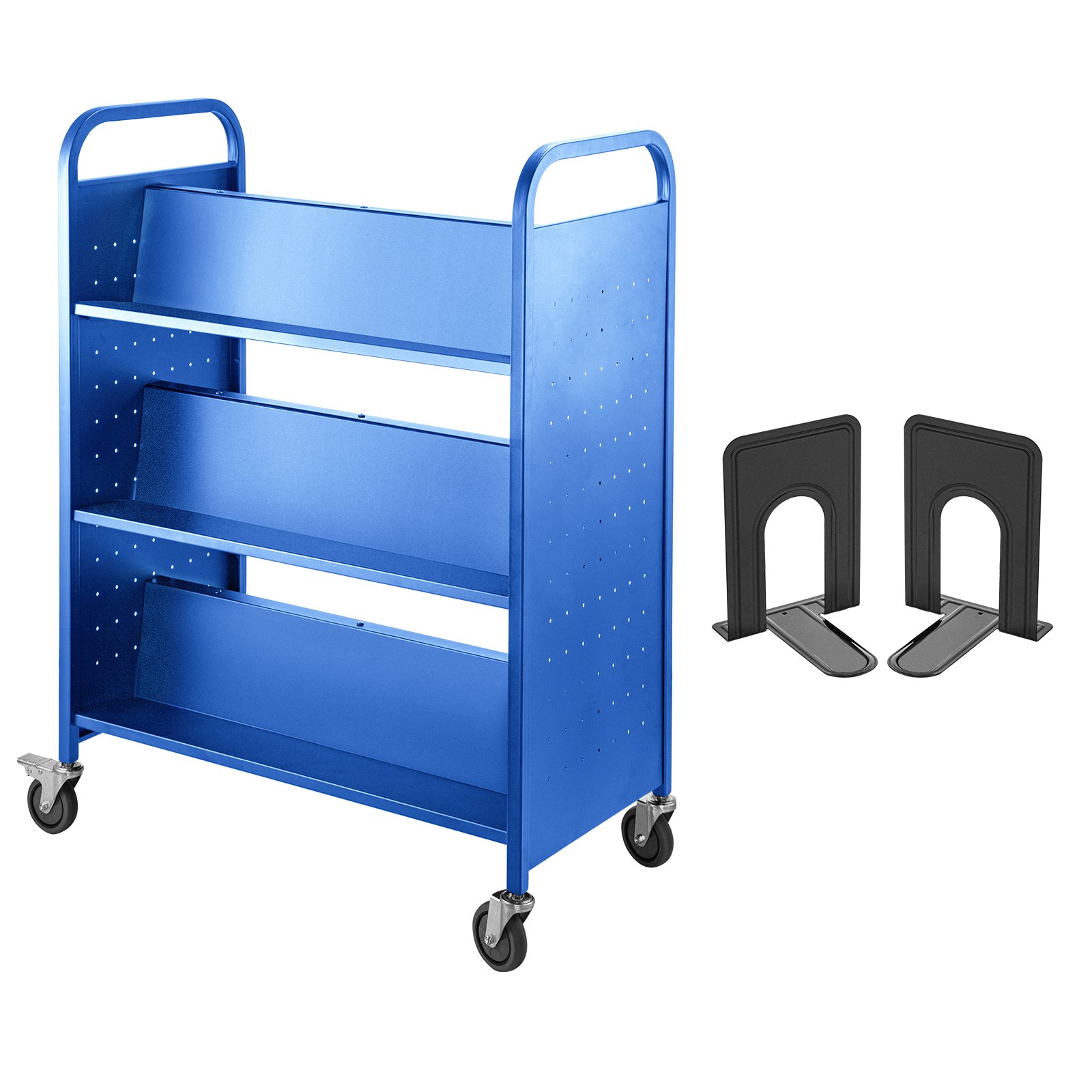 VEVOR Book Cart Library Cart 90kg with Double Sided W-Shaped Sloped Shelves Blue