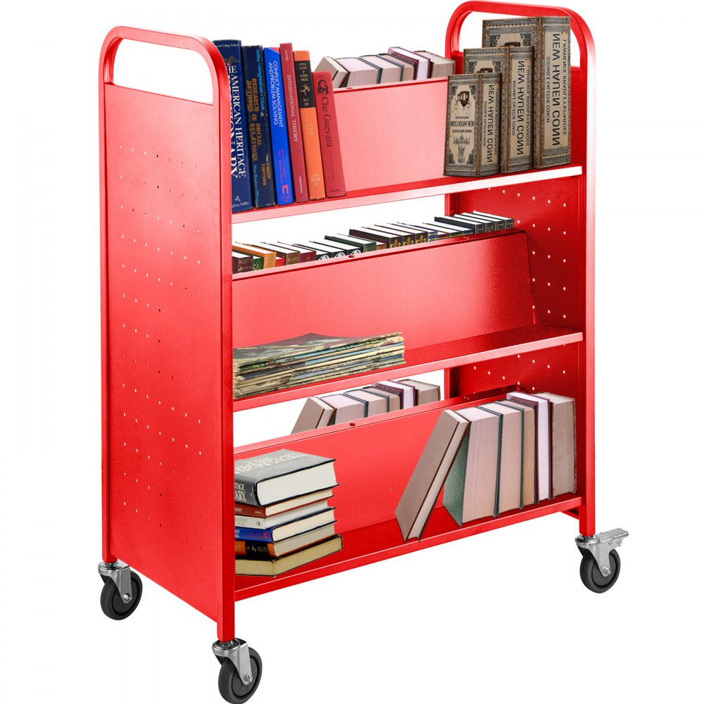 viuda playa Chelín VEVOR Carrito para libros Carrito para biblioteca de 200 lb con estantes  inclinados en forma de W de doble cara en rojo | VEVOR US
