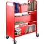Carro para libros Carro para biblioteca de 200 lb con estantes inclinados en forma de W de doble cara en rojo