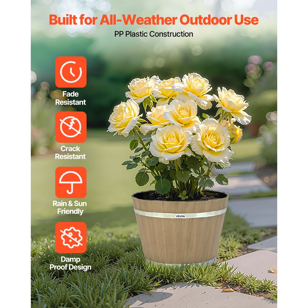 VEVOR Plant Pots, 4 Pack 300 mm Whiskey Barrel Planters with Drainage Holes, Large Outside Plastic Decoration Flower Pot Imitation Wine Barrel Design for Indoor & Outdoor Garden Home Plants, Brown