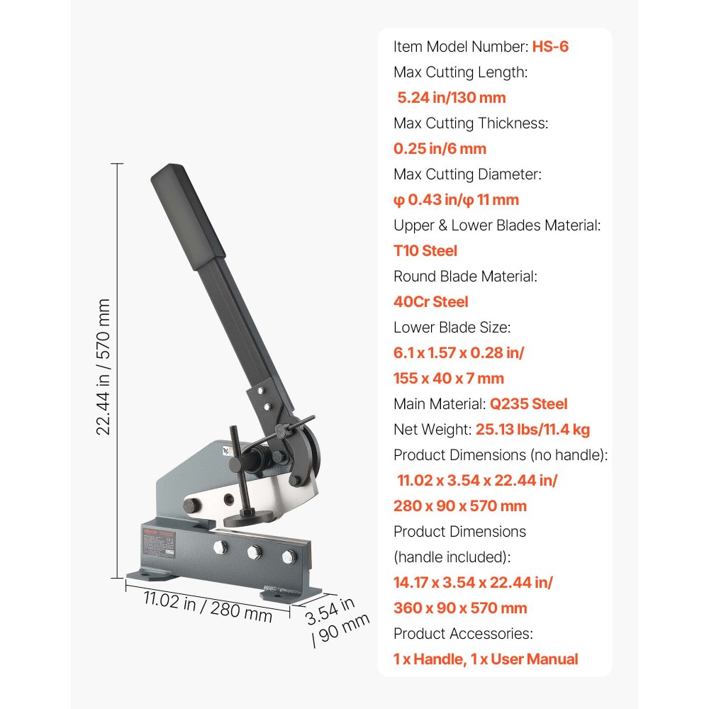 VEVOR Sheet Metal Shear, 155 mm Manual Hand Plate Shear, Heavy Duty Mounting Type Sheet Cutter with Solid Steel Frame, High Precision, Extended Handle for Cutting Steel, Copper, Rebar, and Aluminum
