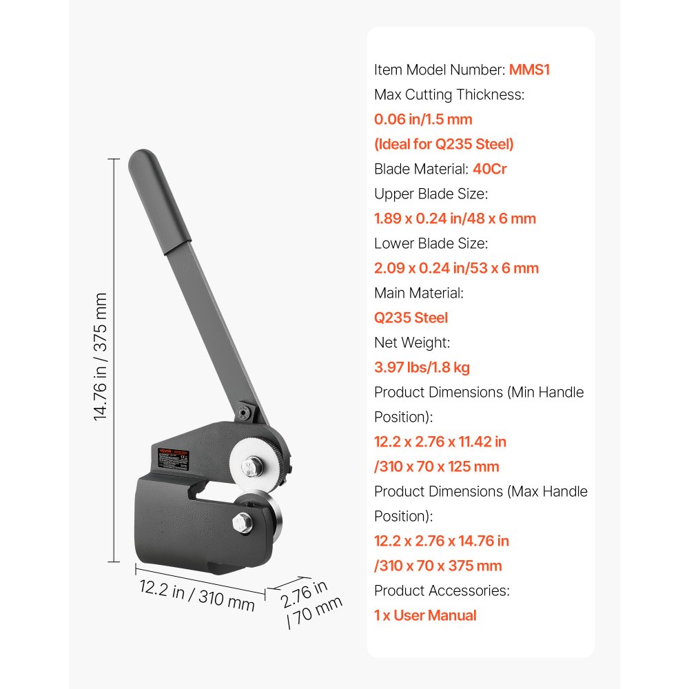 VEVOR Sheet Metal Shear, Throatless Rotary Hand Shear, 16 Gauge Mild Steel Sheet Cutter with 0.06 in Capacity, with Solid Construction, Mounting Type, for Cutting Steel, Copper, Rebar, and Aluminum