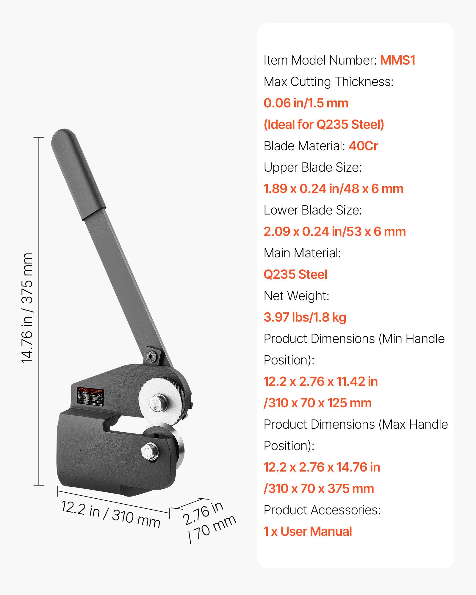 VEVOR Sheet Metal Shear, Throatless Rotary Hand Shear, 16 Gauge Mild Steel Sheet Cutter with 0.06 in Capacity, with Solid Construction, Mounting Type, for Cutting Steel, Copper, Rebar, and Aluminum