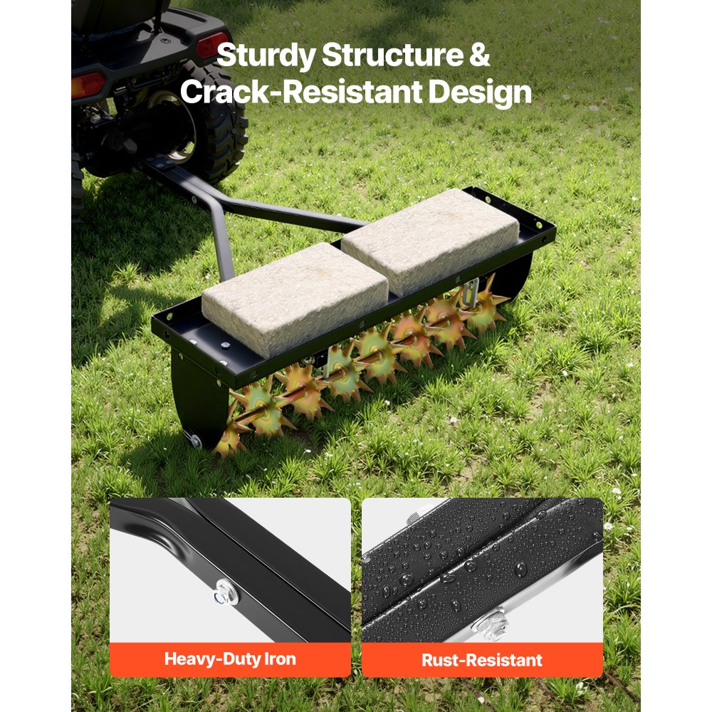 VEVOR Tow Behind Plug Aerator, 32 in Lawn Spike Aerator with Universal Hitch, Heavy Duty & Rust-Resistant, Pull Behind Spike Aerator Tool with Folded Edge Tray, for Farmland & Garden Tractors