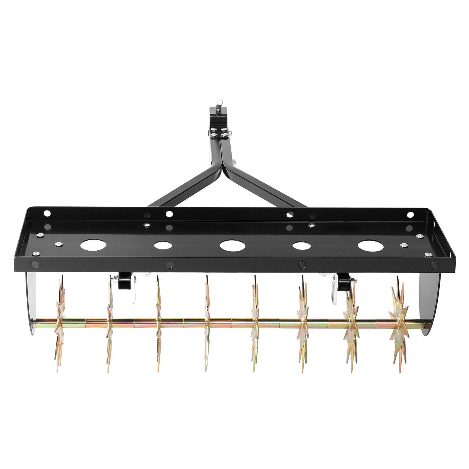 VEVOR Tow Behind Plug Aerator, 32 in Lawn Spike Aerator with Universal Hitch, Heavy Duty & Rust-Resistant, Pull Behind Spike Aerator Tool with Folded Edge Tray, for Farmland & Garden Tractors