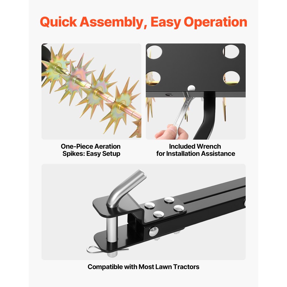 VEVOR Tow Behind Plug Aerator, 40 in Lawn Spike Aerator with Universal Hitch, 150lbs Weight Capacity, Heavy Duty  & Rust-Resistant, Pull Behind Aeration Tool with Tray for Farmland & Garden Tractors