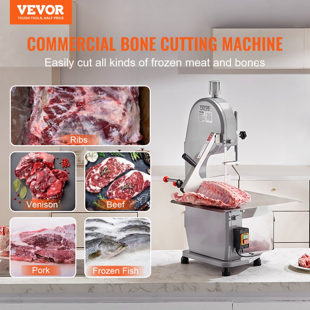 VEVOR Commercial Electric Meat Bandsaw, 1100W Stainless Steel Countertop Bone Sawing Machine, Workbeach 490x380 mm, 4-200 mm Cutting Thickness, Frozen Meat Cutter with 6 Blades for Rib Pork Beef