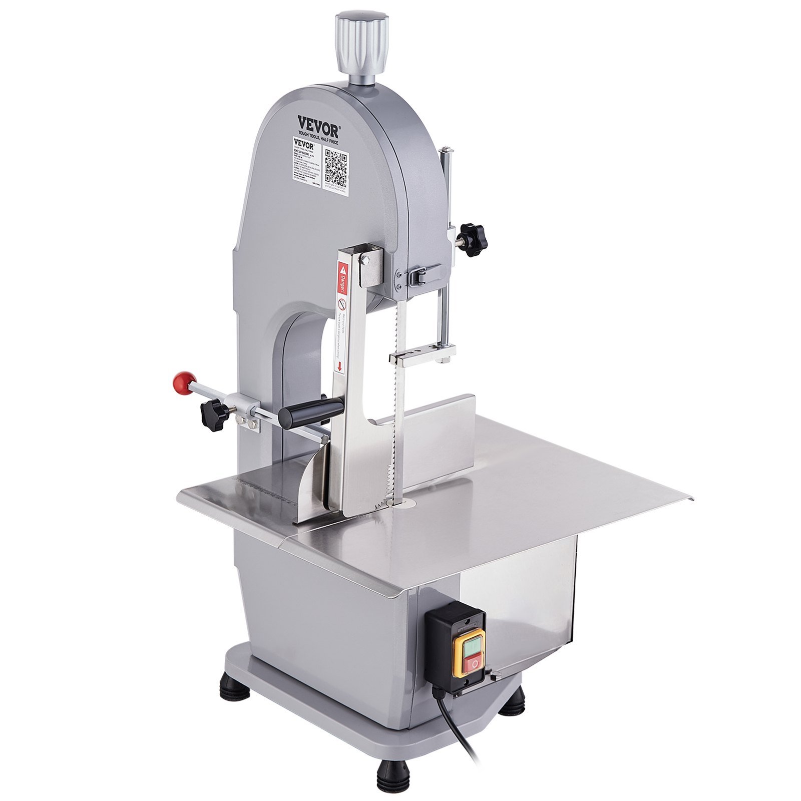 VEVOR Commercial Electric Meat Bandsaw, 1100W Stainless Steel Countertop Bone Sawing Machine, Workbeach 490x380 mm, 4-200 mm Cutting Thickness, Frozen Meat Cutter with 6 Blades for Rib Pork Beef