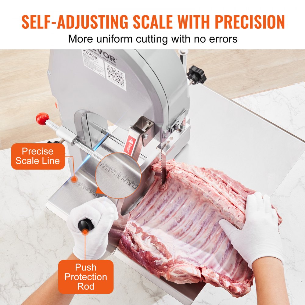 VEVOR Commercial Electric Meat Bandsaw, 1500W Stainless Steel Countertop Bone Sawing Machine, Workbeach 490 x 380 mm, 4-200 mm Cutting Thickness, Frozen Meat Cutter with 6 Blades for Rib Pork Beef