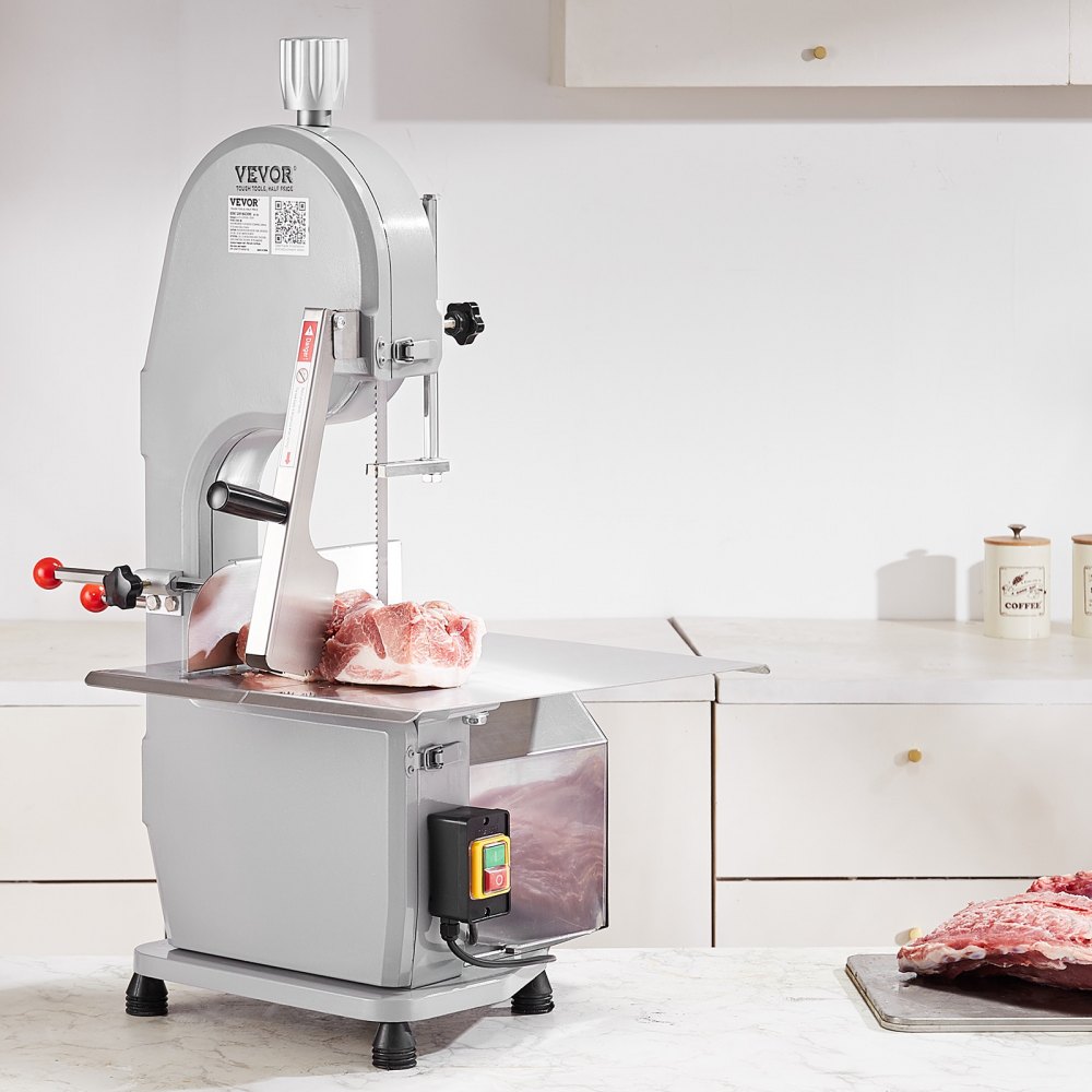 VEVOR Commercial Electric Meat Bandsaw, 1500W Stainless Steel Countertop Bone Sawing Machine, Workbeach 490 x 380 mm, 4-200 mm Cutting Thickness, Frozen Meat Cutter with 6 Blades for Rib Pork Beef