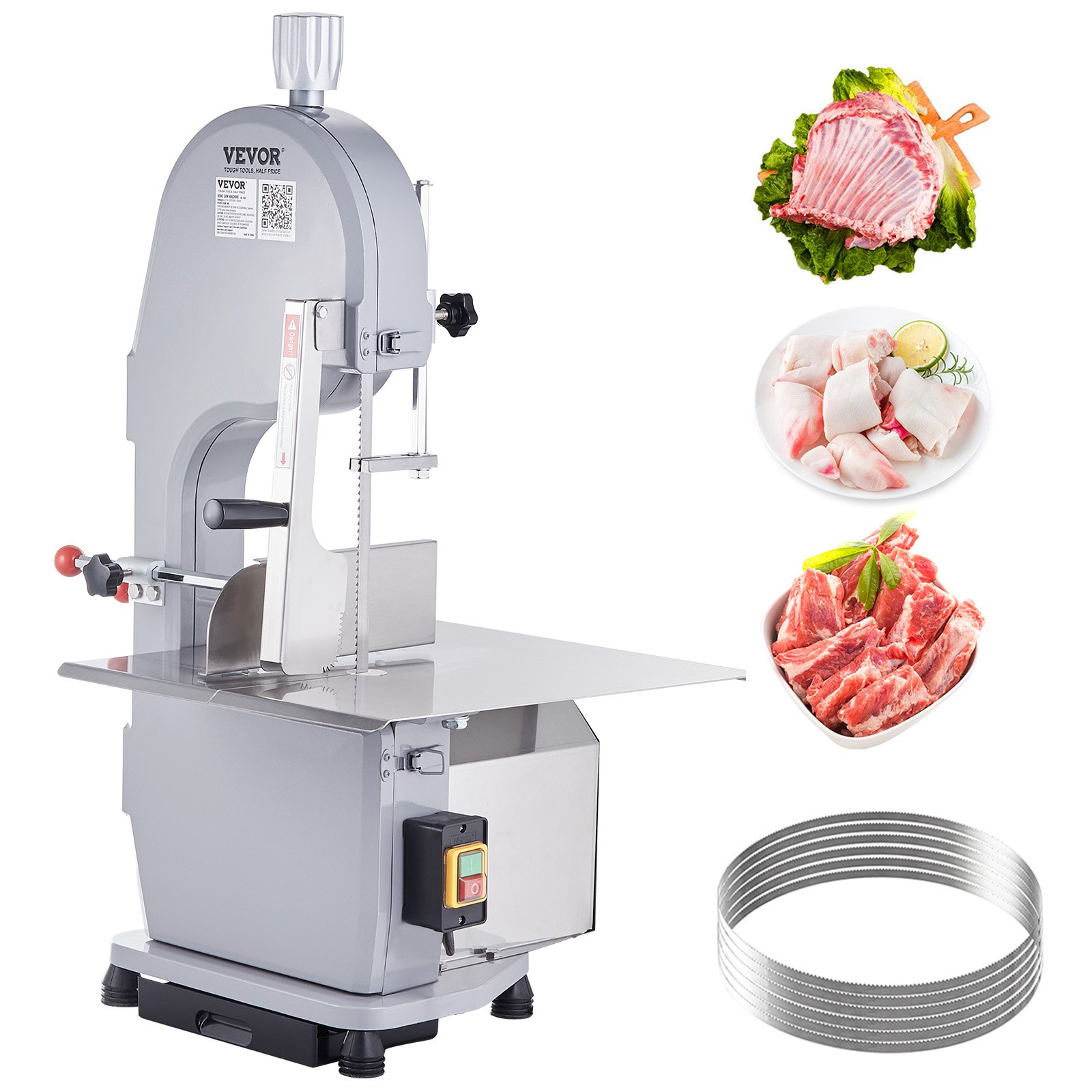 VEVOR Commercial Electric Meat Bandsaw, 1500W Stainless Steel Countertop Bone Sawing Machine, Workbeach 490 x 380 mm, 4-200 mm Cutting Thickness, Frozen Meat Cutter with 6 Blades for Rib Pork Beef