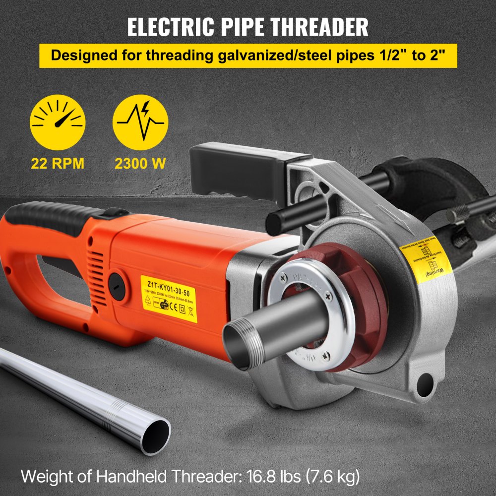VEVOR Electric Pipe Threader, 2300W Pipe Threading Machine with 6 Dies 1/2"-2", 110V Hand-held Pipe Threader Machine with Copper Motor, Portable Electric Pipe Threading Kit with Carrying Case