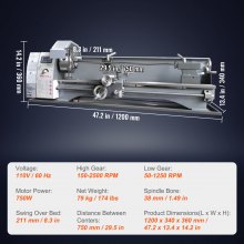 VEVOR Metal Lathe Machine, 210 mm x 736 mm, Precision Benchtop Power Metal Lathe, 0-2500 RPM Continuously Variable Speed, 750W Brushless Motor Metal Gears, with Tool Box for Processing Precision Parts