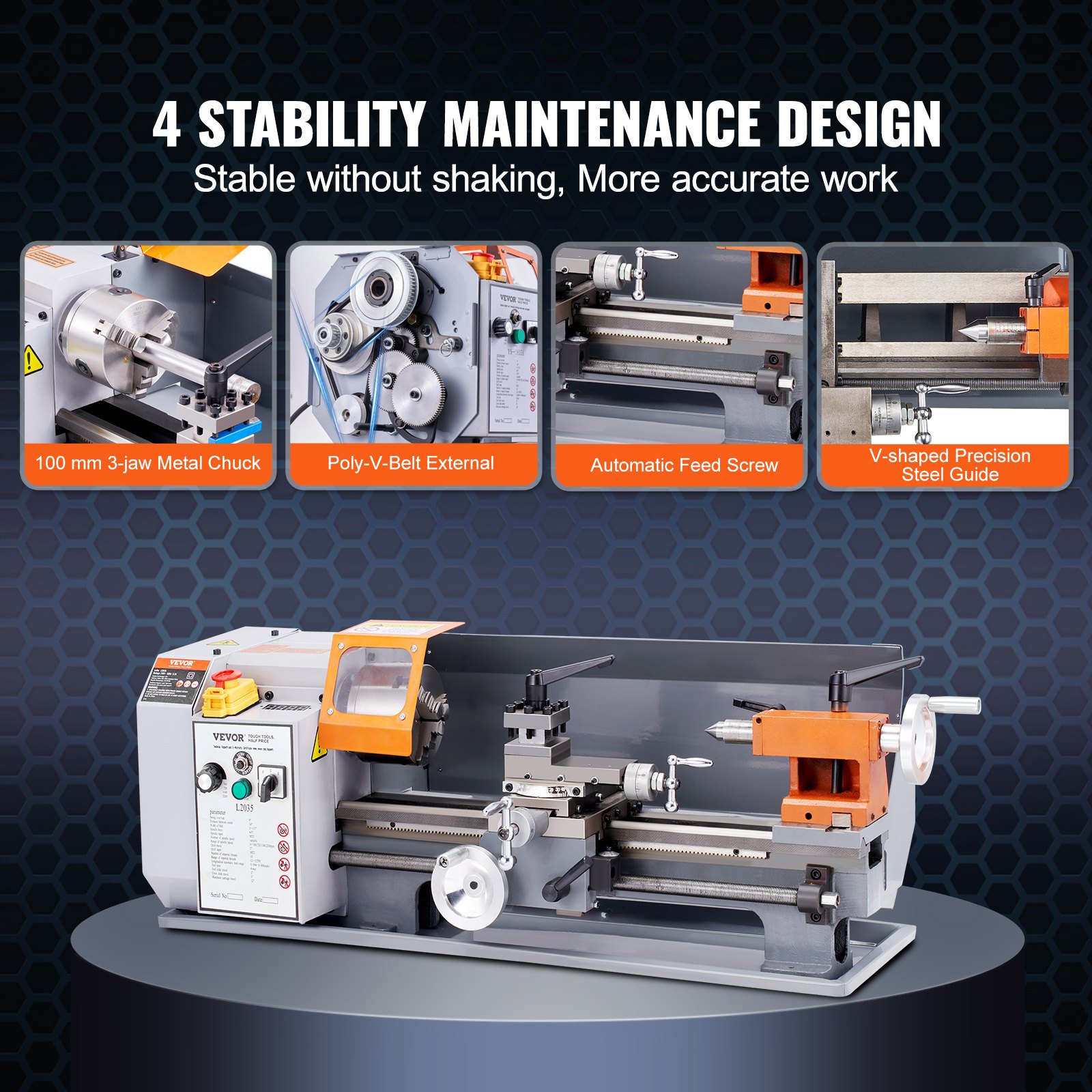 VEVOR Metal Lathe Machine, 7.87'' x 13.78'', Precision Benchtop Power Metal Lathe,, 50-2500 RPM Continuously Variable Speed, 600W Brush Motor Metal Gears, with Tool Box for Processing Precision Parts