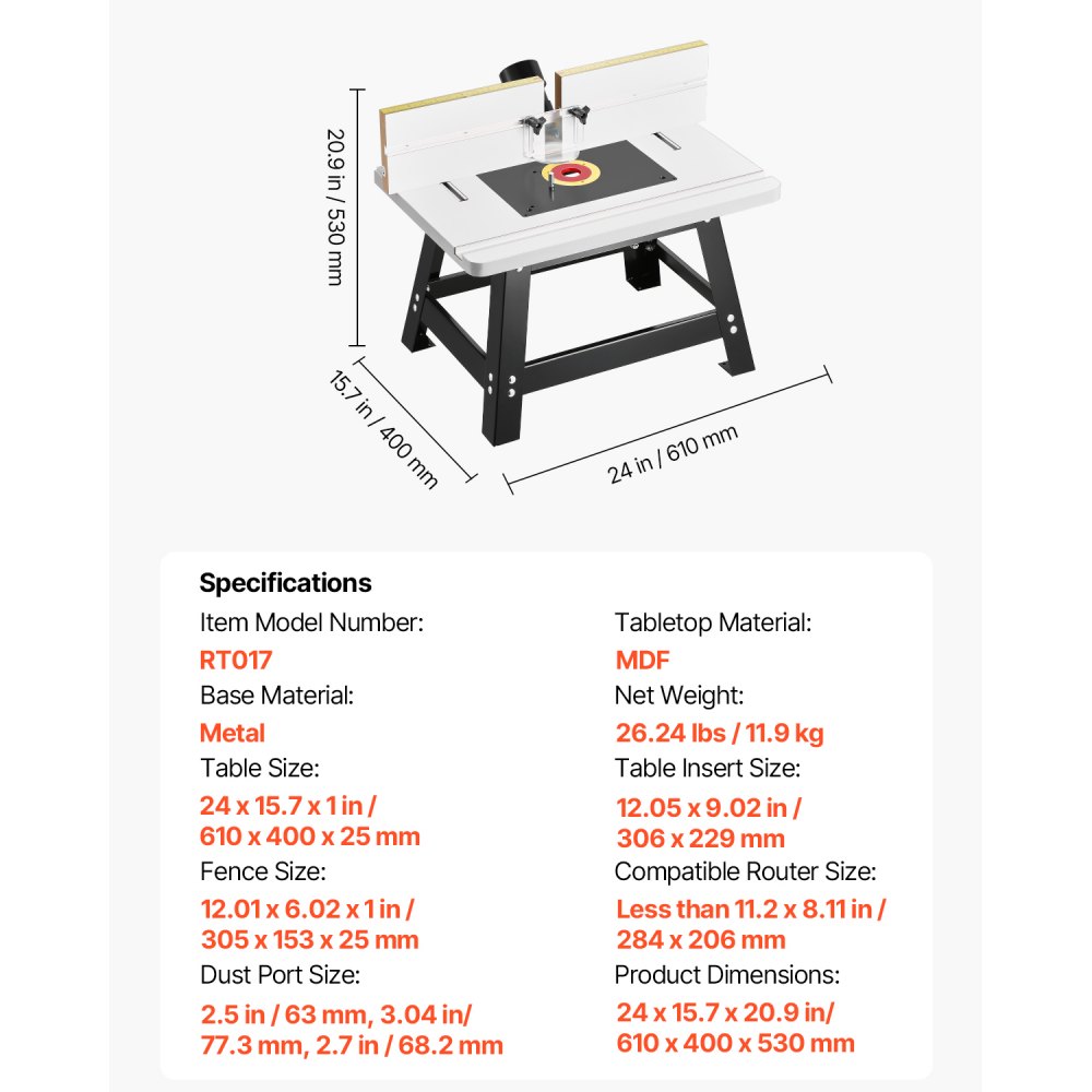 VEVOR Benchtop Router Table 24 x 15.7 in with Fence MDF Top Dust Collection Port