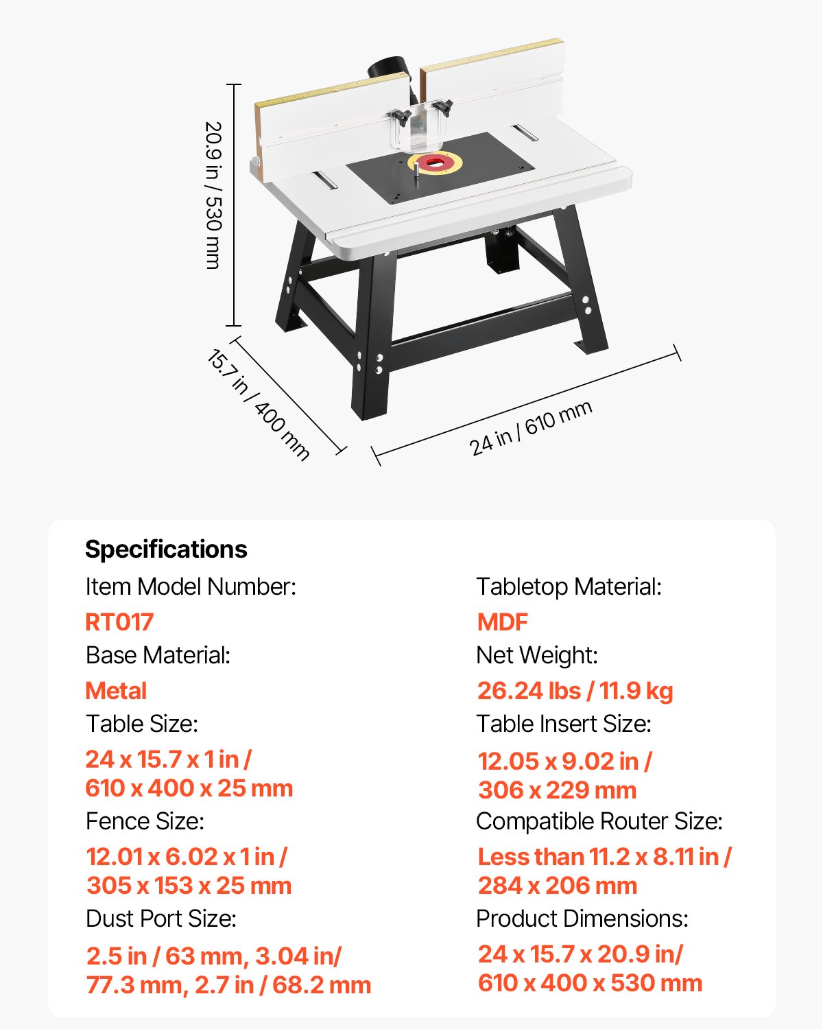 VEVOR Benchtop Router Table 24 x 15.7 in with Fence MDF Top Dust Collection Port