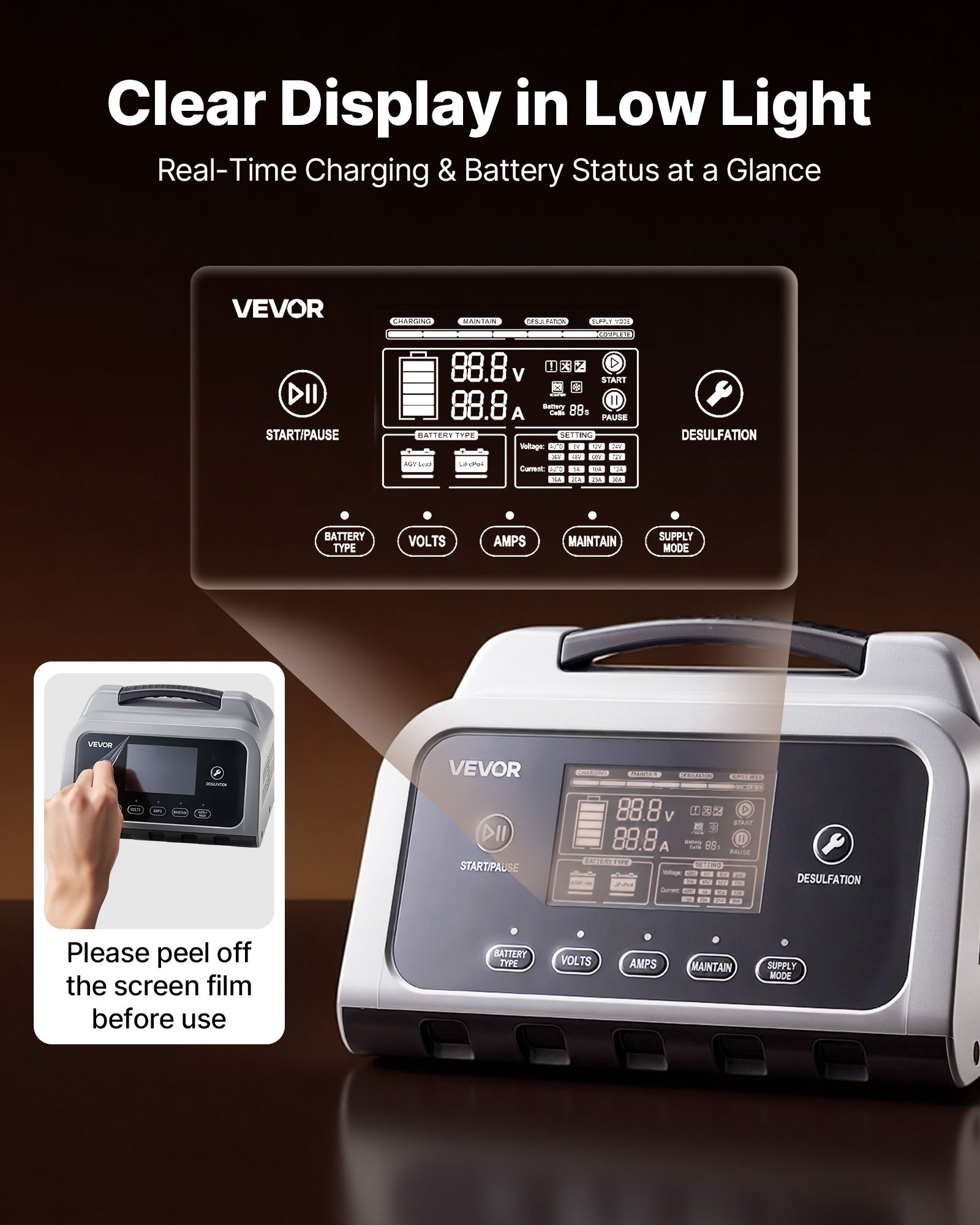 VEVOR Smart Battery Charger, 20A, 6V 12V 24V Lithium LiFePO4 Lead-Acid (Gel/AGM) Car Battery Charger, with LCD Display, Trickle Charging Maintainer Desulfator, for Car, Boat, Motorcycle, Lawn Mowers