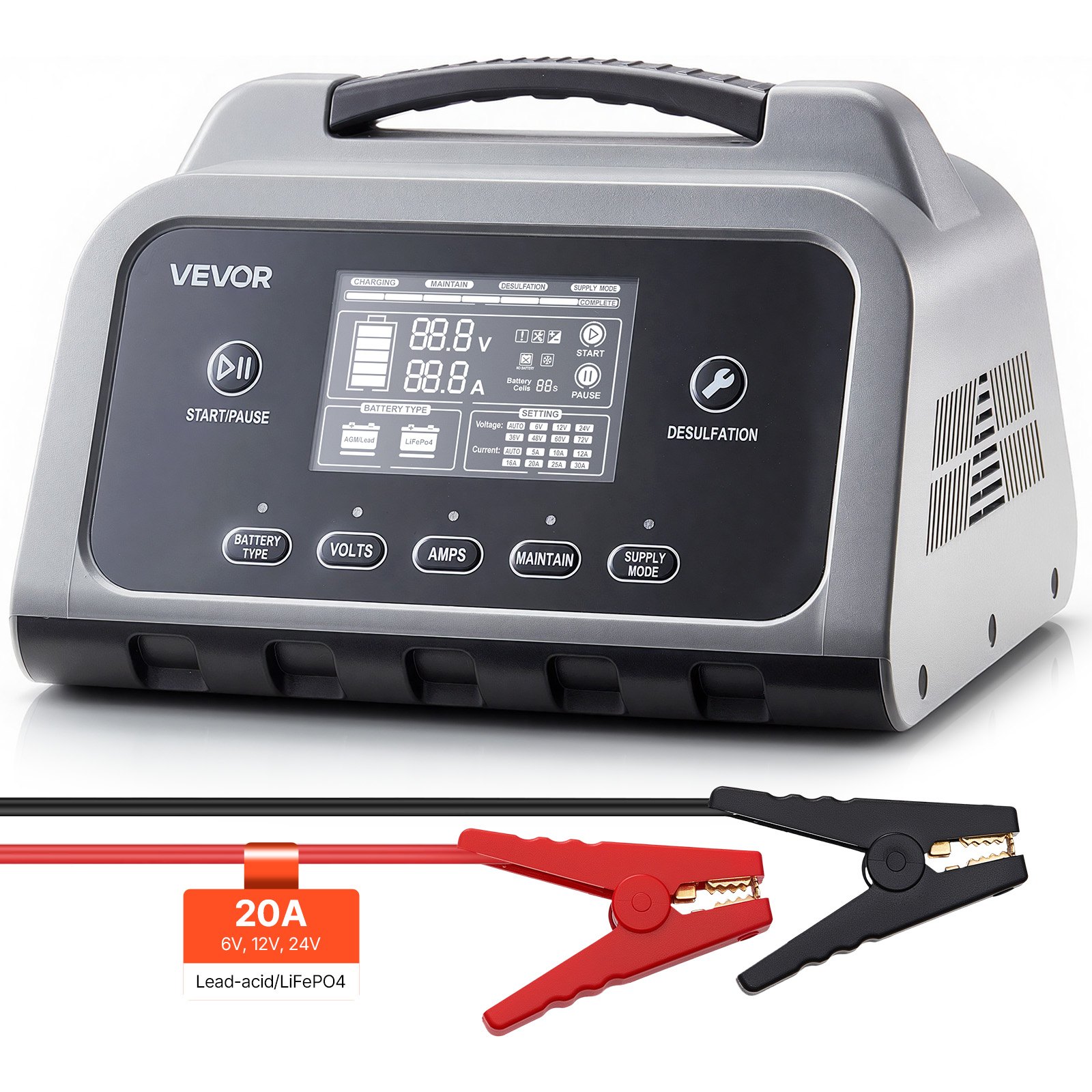 VEVOR Smart Battery Charger, 20A, 6V 12V 24V Lithium LiFePO4 Lead-Acid (Gel/AGM) Car Battery Charger, with LCD Display, Trickle Charging Maintainer Desulfator, for Car, Boat, Motorcycle, Lawn Mowers