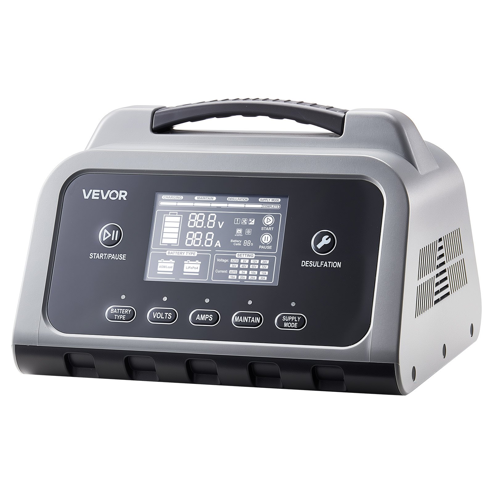 VEVOR Smart Battery Charger, 20A, 6V 12V 24V Lithium LiFePO4 Lead-Acid (Gel/AGM) Car Battery Charger, with LCD Display, Trickle Charging Maintainer Desulfator, for Car, Boat, Motorcycle, Lawn Mowers