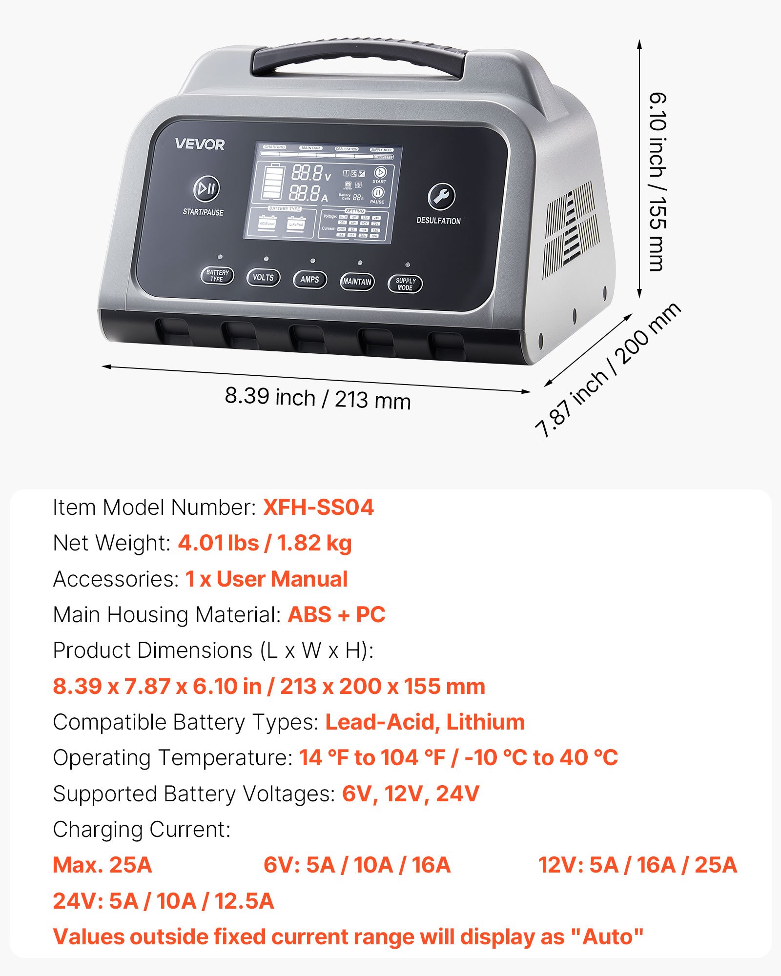 VEVOR Smart Battery Charger, 25A, 6V 12V 24V Lithium LiFePO4 Lead-Acid (Gel/AGM) Car Battery Charger, with LCD Display, Trickle Charging Maintainer Desulfator, for Car, Boat, Motorcycle, Lawn Mowers