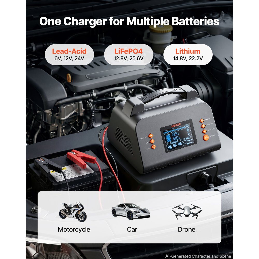 VEVOR Smart Battery Charger 20A 6V 12V 24V for Lithium LiFePO4 Lead-Acid, Compatible with Car Lawn Mower ATV Compact RV, Trickle Charging Maintainer Desulfator, Charger with 3.8 Inch LCD Display