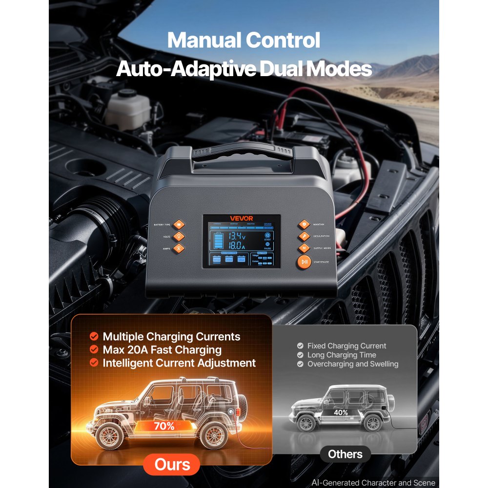 VEVOR Smart Battery Charger 20A 6V 12V 24V for Lithium LiFePO4 Lead-Acid, Compatible with Car Lawn Mower ATV Compact RV, Trickle Charging Maintainer Desulfator, Charger with 3.8 Inch LCD Display