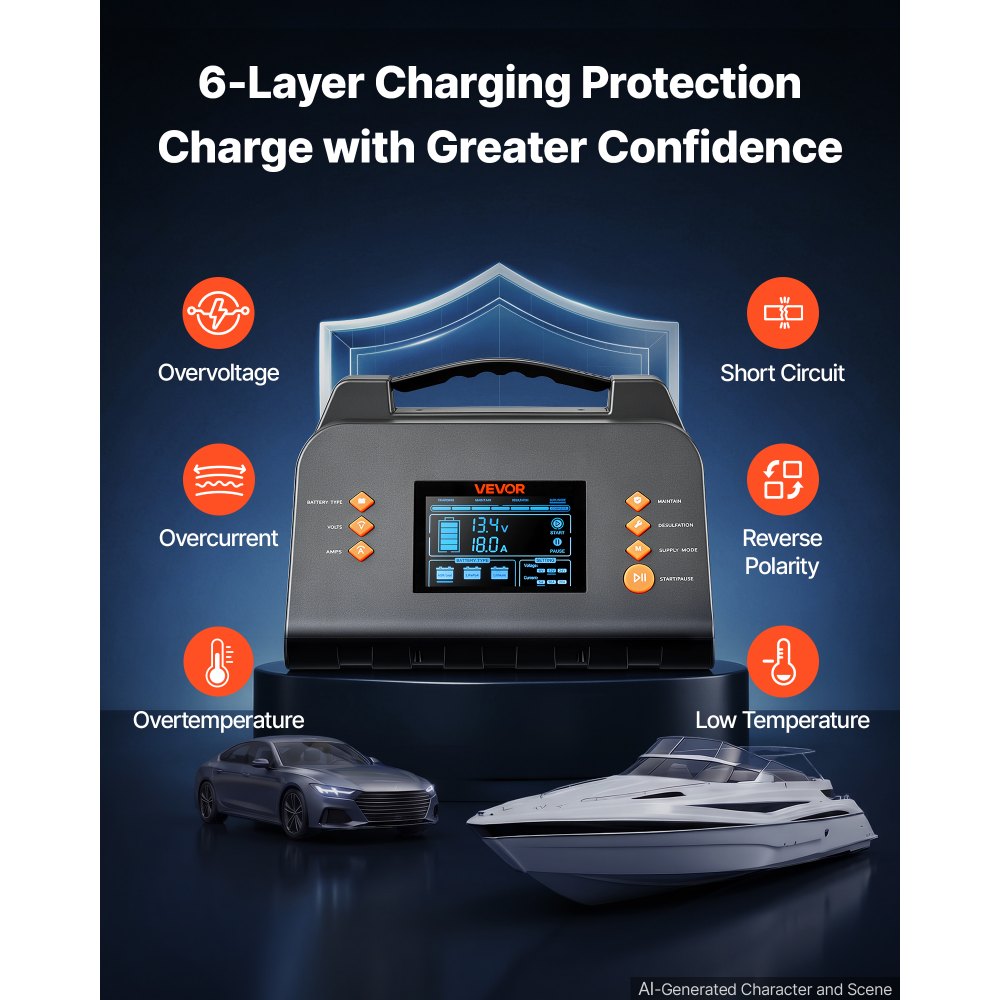 VEVOR Smart Battery Charger 20A 6V 12V 24V for Lithium LiFePO4 Lead-Acid, Compatible with Car Lawn Mower ATV Compact RV, Trickle Charging Maintainer Desulfator, Charger with 3.8 Inch LCD Display