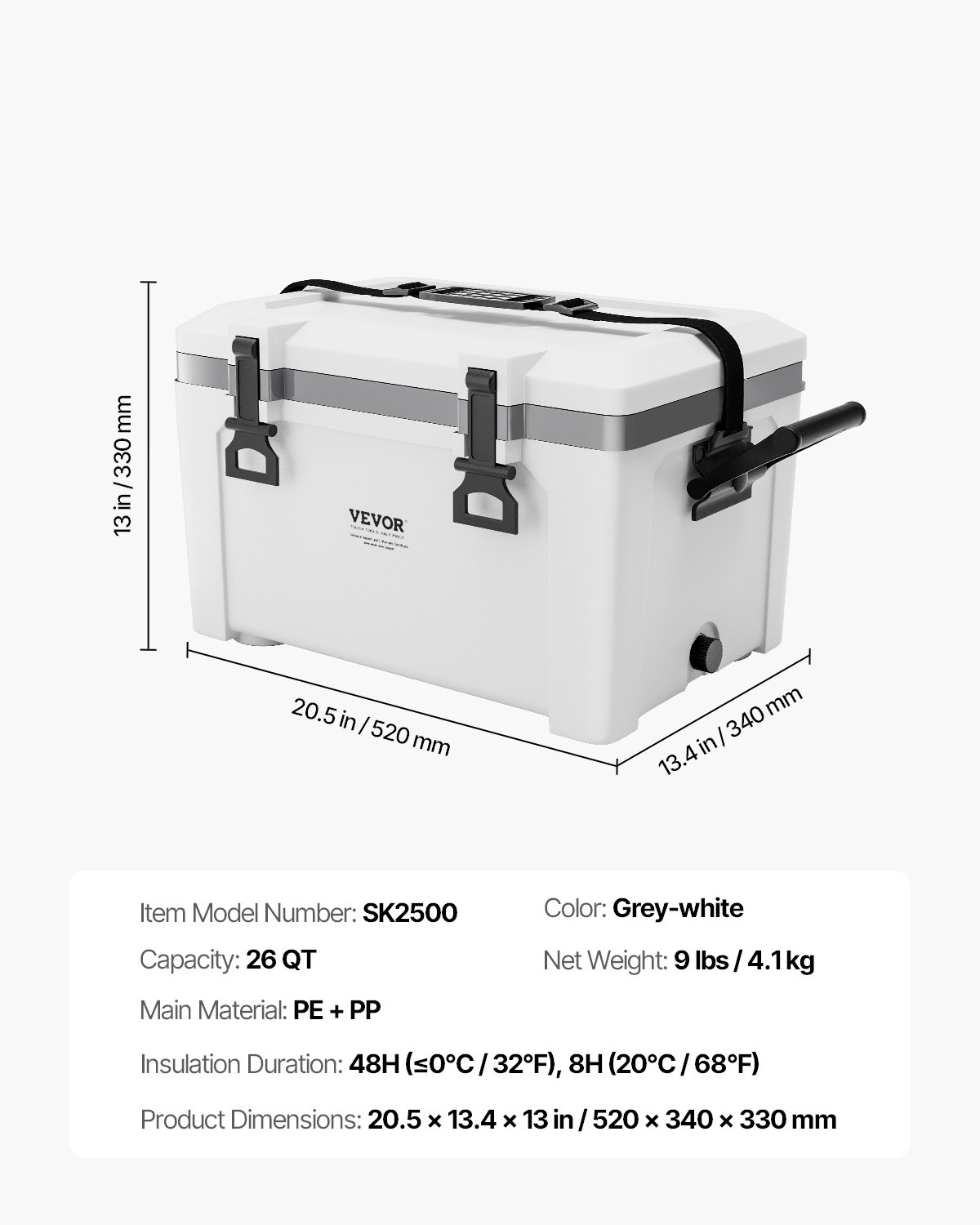 VEVOR Portable Cooler, 26 QT Hard Cooler with Ice Retention, Heavy-Duty Handles and Strap, Lightweight Rigid Material Insulated Portable Cooler, Suitable for Family Picnics and Short Trips
