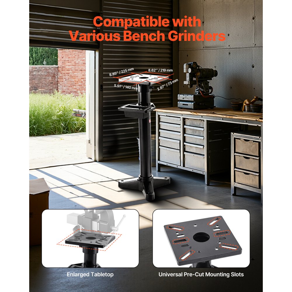 VEVOR Bench Grinder Stand, Heavy-Duty Grinder and Vise Floor Pedestal with 27 x 27 cm Mounting Plate, Pre-Cut Mounting Slots & Water Pot, Compatible with Most Bench Grinders