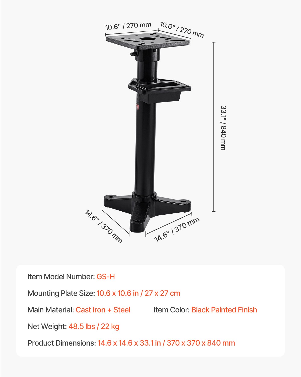 VEVOR Bench Grinder Stand, Heavy-Duty Grinder and Vise Floor Pedestal with 27 x 27 cm Mounting Plate, Pre-Cut Mounting Slots & Water Pot, Compatible with Most Bench Grinders
