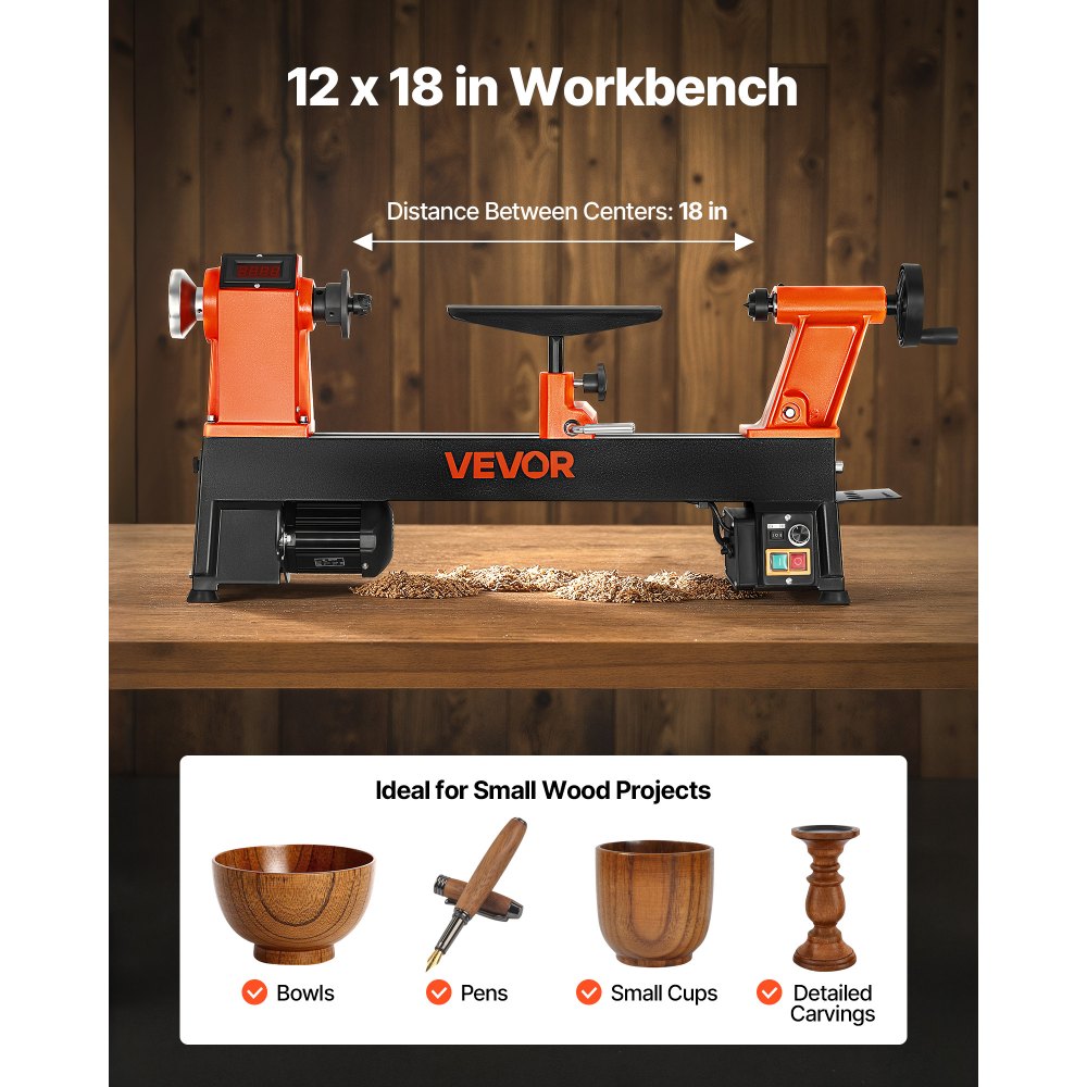 VEVOR Woodworking Lathe, 750W / 1 HP, Benchtop Wood Lathe Machine with 0 to 3800 RPM Variable Speed, 304 x 465 mm Workbench, Brushless DC Motor, Cast Iron Construction, for Beginners DIY Enthusiasts Woodworking