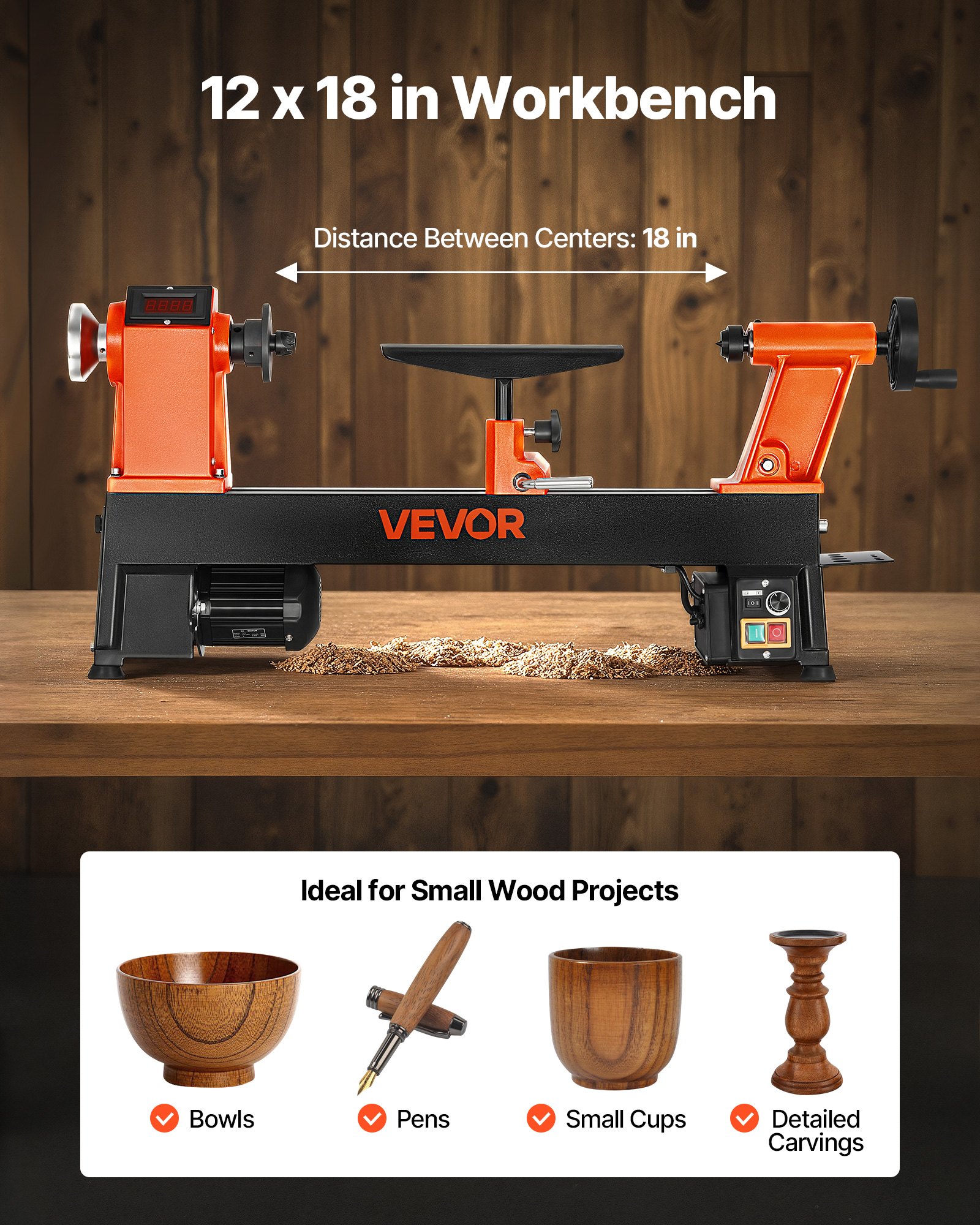VEVOR Woodworking Lathe, 750W / 1 HP, Benchtop Wood Lathe Machine with 150 to 3800 RPM Variable Speed, 304 x 465 mm Workbench, Brushless DC Motor, Cast Iron Construction, for Beginners DIY Enthusiasts Woodworking
