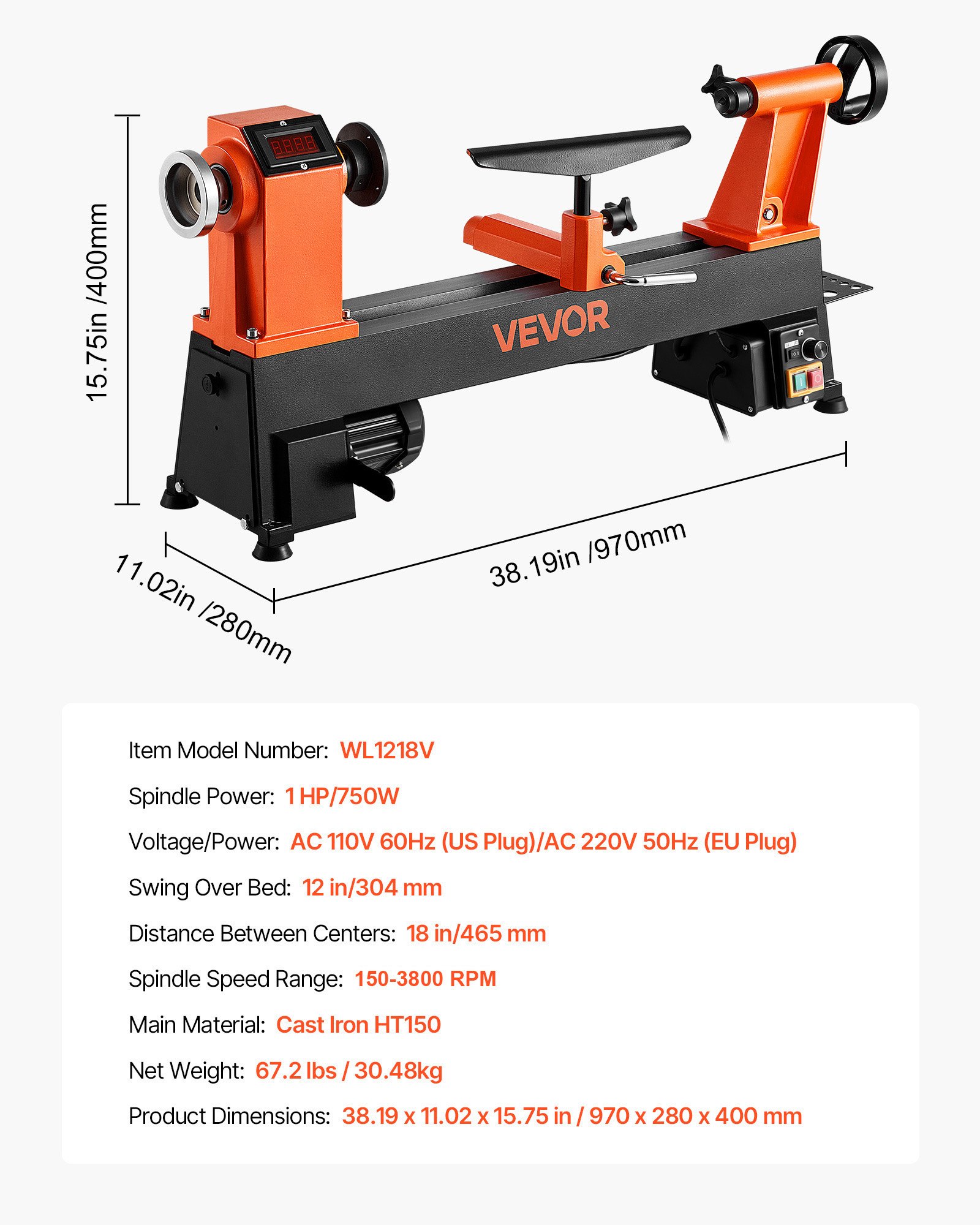 VEVOR Woodworking Lathe, 750W / 1 HP, Benchtop Wood Lathe Machine with 150 to 3800 RPM Variable Speed, 304 x 465 mm Workbench, Brushless DC Motor, Cast Iron Construction, for Beginners DIY Enthusiasts Woodworking