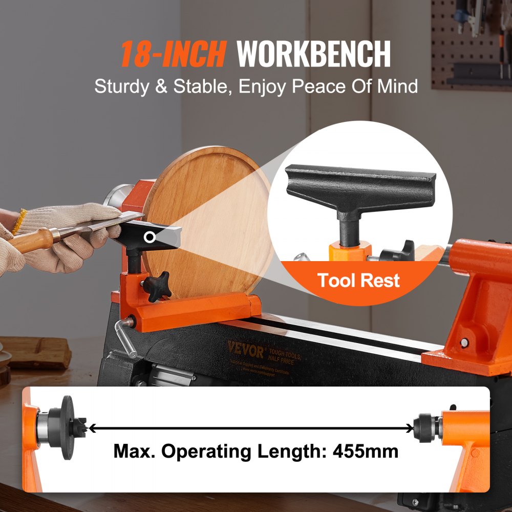 VEVOR Tabletop Wood Lathe, Dimensions 10x18 inches, Motor Strength 0.5 HP 370W, Offers Wood Crafting with 5 Adjustable Speeds ranging from 780 to 3840 RPM, Includes Rod Injection, Wrenches, Facepla