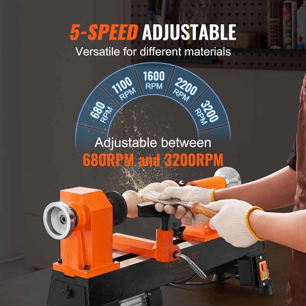 VEVOR Tabletop Wood Lathe, Dimensions 10x18 inches, Motor Strength 0.5 HP 370W, Offers Wood Crafting with 5 Adjustable Speeds ranging from 780 to 3840 RPM, Includes Rod Injection, Wrenches, Facepla