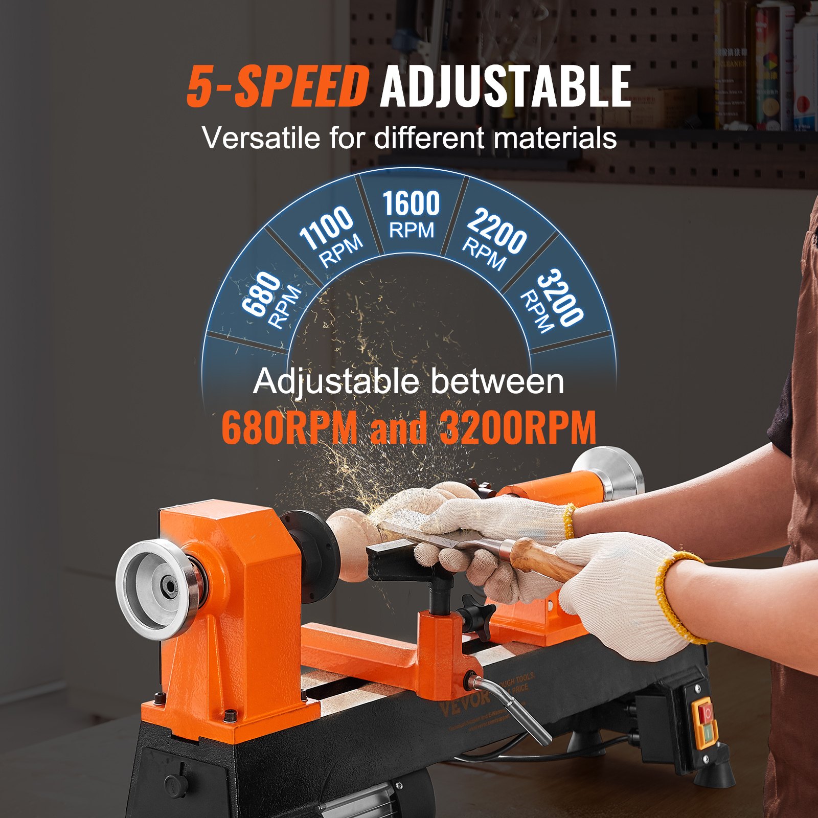 VEVOR Tabletop Wood Lathe, Dimensions 10x18 inches, Motor Strength 0.5 HP 370W, Offers Wood Crafting with 5 Adjustable Speeds ranging from 780 to 3840 RPM, Includes Rod Injection, Wrenches, Facepla