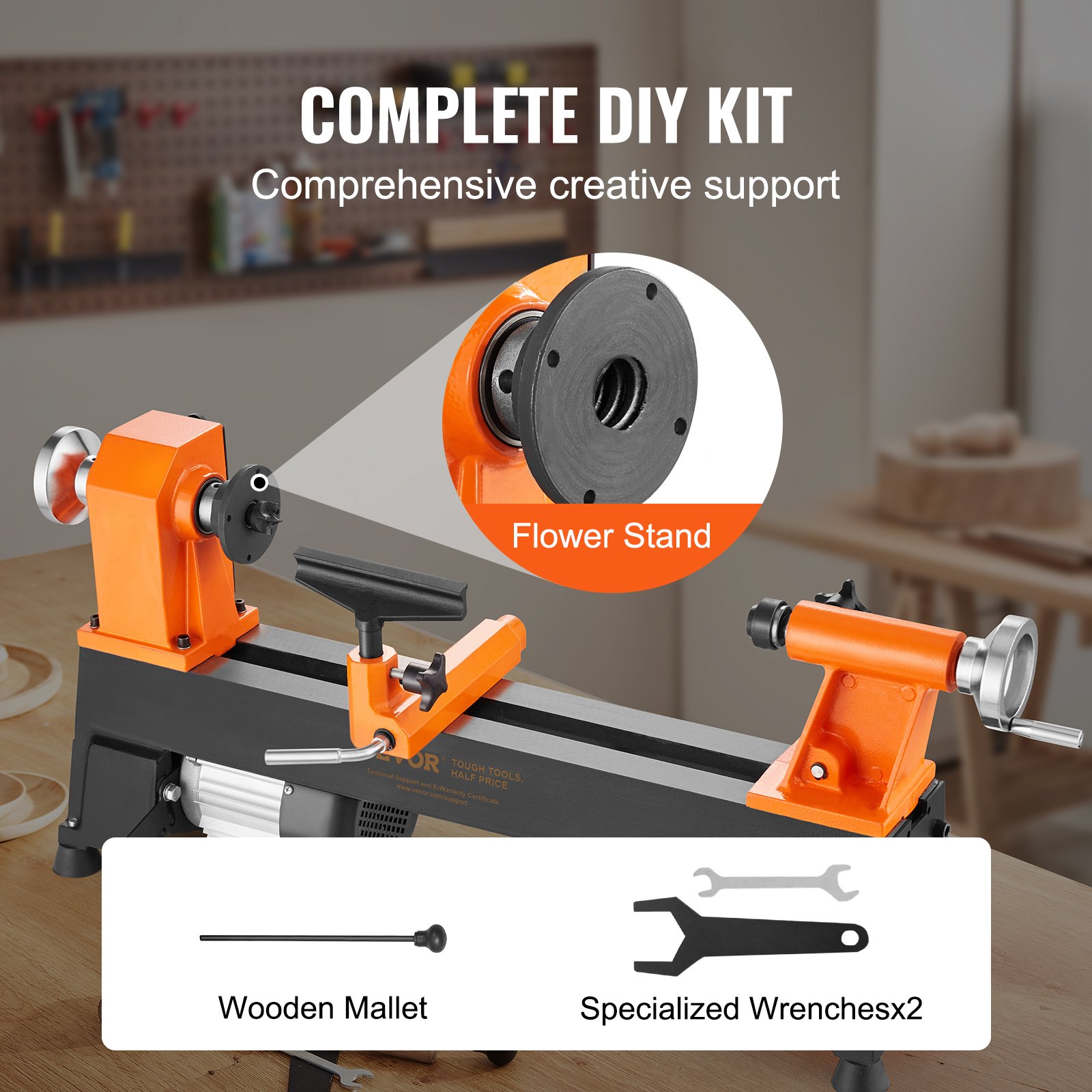 VEVOR Tabletop Wood Lathe, Dimensions 10x18 inches, Motor Strength 0.5 HP 370W, Offers Wood Crafting with 5 Adjustable Speeds ranging from 780 to 3840 RPM, Includes Rod Injection, Wrenches, Facepla